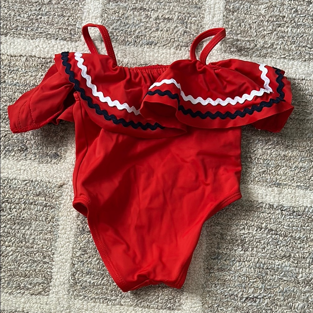 Janie & Jack Red Ruffled Baby Swimsuit 6-12M
